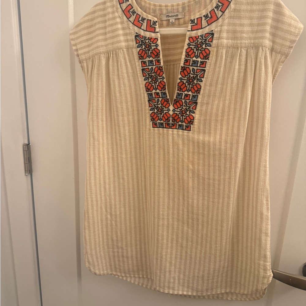 Madewell Striped Cream Blouse with Red Embroidery